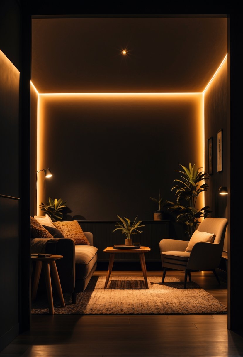 A dark living room softly lit by warm LED lights, featuring a sofa, armchair, coffee table, and plants.