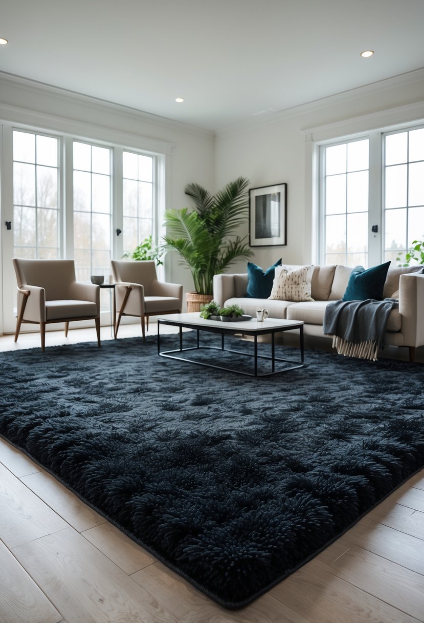 A living room with plush dark area rugs, a sofa, coffee table, accent chairs, and indoor plants.