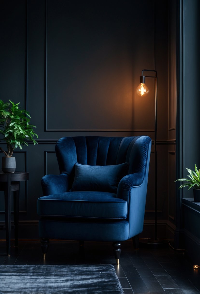 A navy blue velvet armchair in a dark living room with dim lighting and a small side table.
