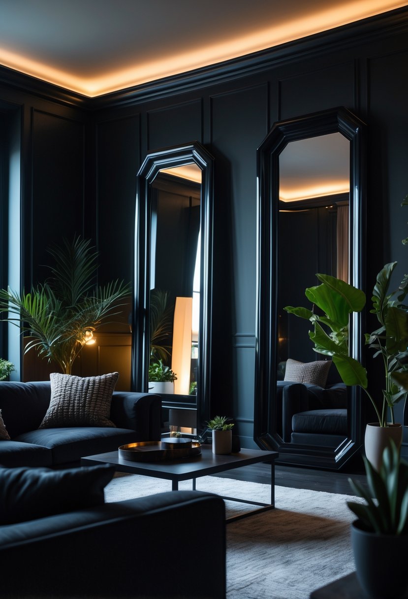 A dark living room with large black framed mirrors on the walls, a sofa, coffee table, and plants.