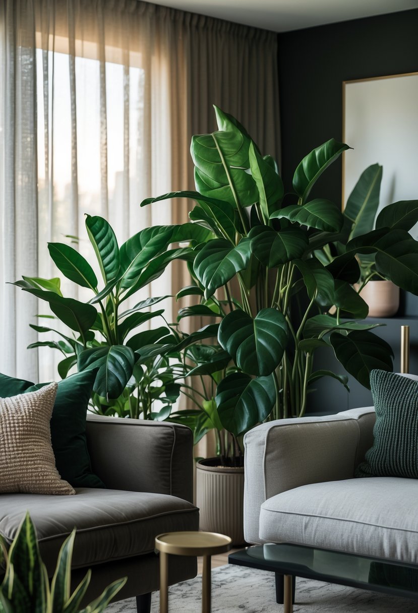A living room with dark green indoor plants including a large Rubber Tree, modern furniture, and soft natural light.