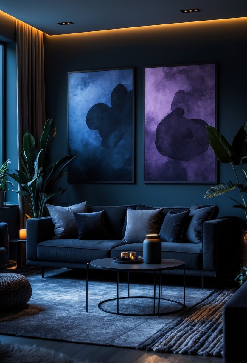 A dark living room with a sofa, coffee table, potted plants, and large moody art prints on the walls.