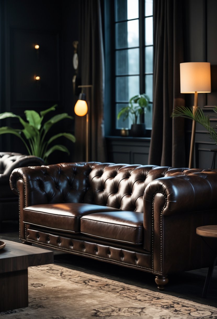 A dark brown leather sofa in a dimly lit living room with a coffee table, rug, and plants.