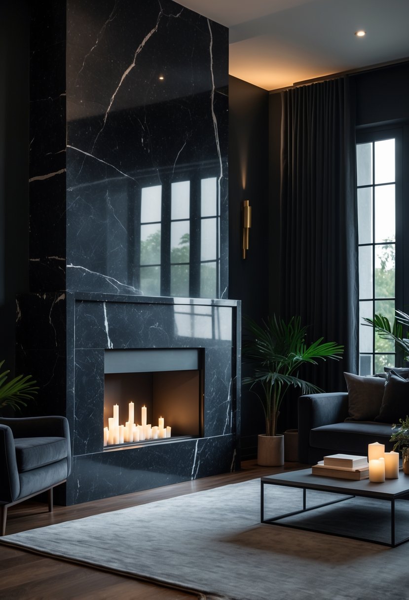 A living room with a black marble fireplace surrounded by dark furniture and soft lighting.