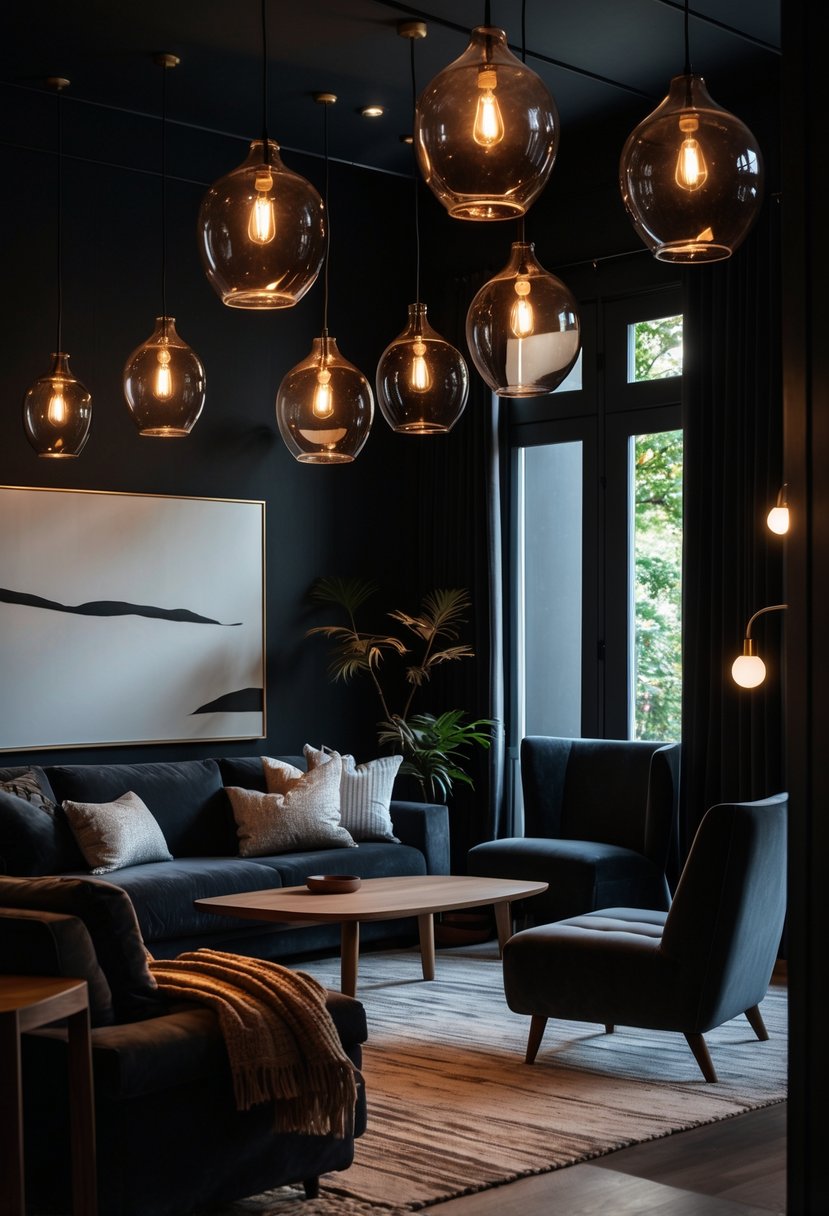 A dark living room with smoky glass pendant lights hanging from the ceiling, illuminating a sofa and coffee table.
