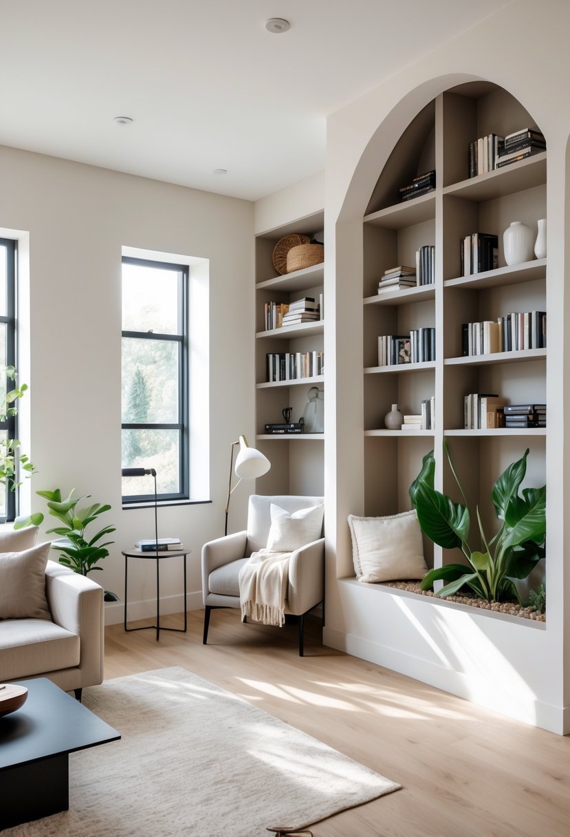 v2 154ocy nr1hi Living room with a built-in alcove containing a cozy armchair, shelves, and a side table, surrounded by modern furniture and plants.