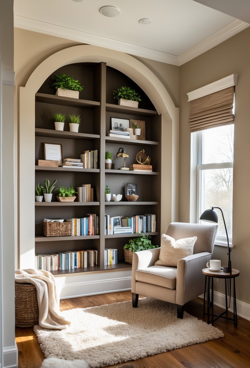 v2 154od8 nmk5n Living room alcove with built-in bookshelves filled with books, a comfortable armchair, and a small side table with a lamp.