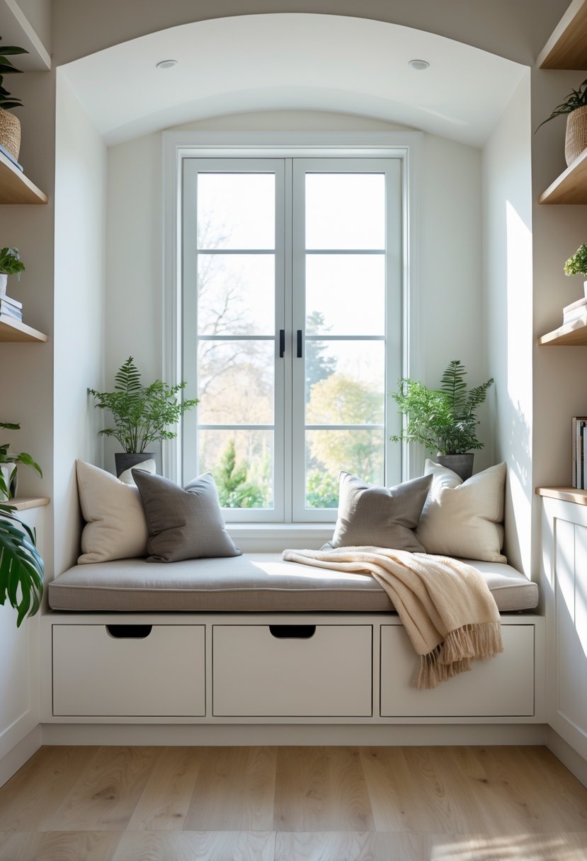 v2 154odj mi9n1 A cozy window seat with cushions and hidden storage underneath in a bright living room alcove.