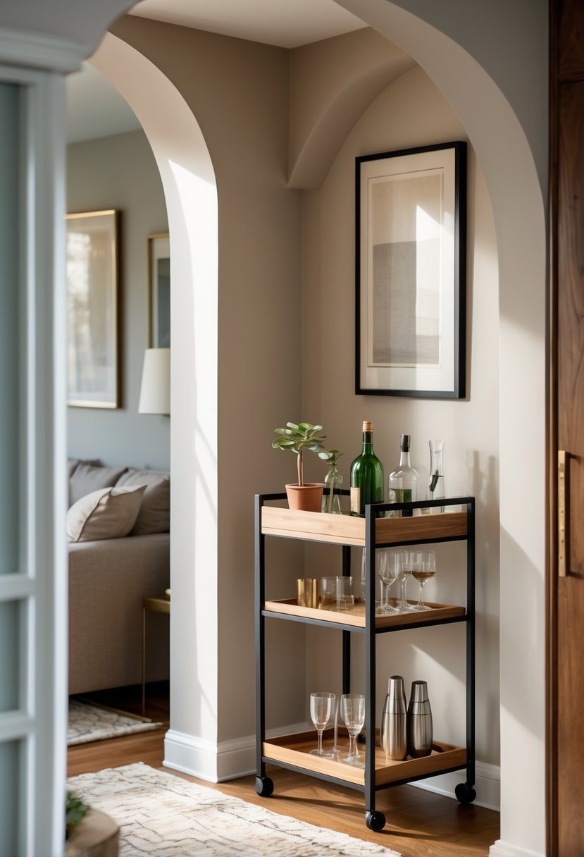 v2 154odw fdats A compact bar cart placed in a small living room alcove with glassware, bottles, and decorative items, surrounded by a sofa and wall art.