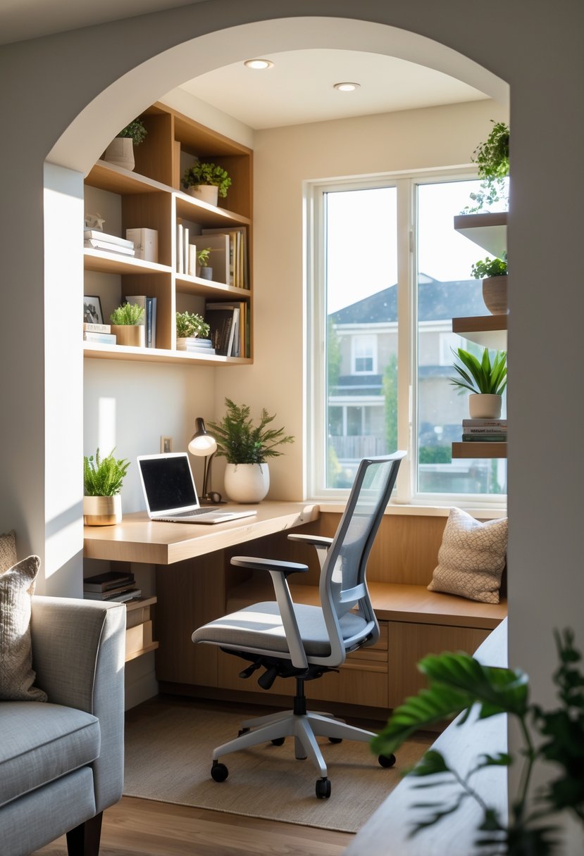 v2 154oe6 ggv3k A home office nook built into a living room alcove with a desk, chair, shelves, and natural light from a window.