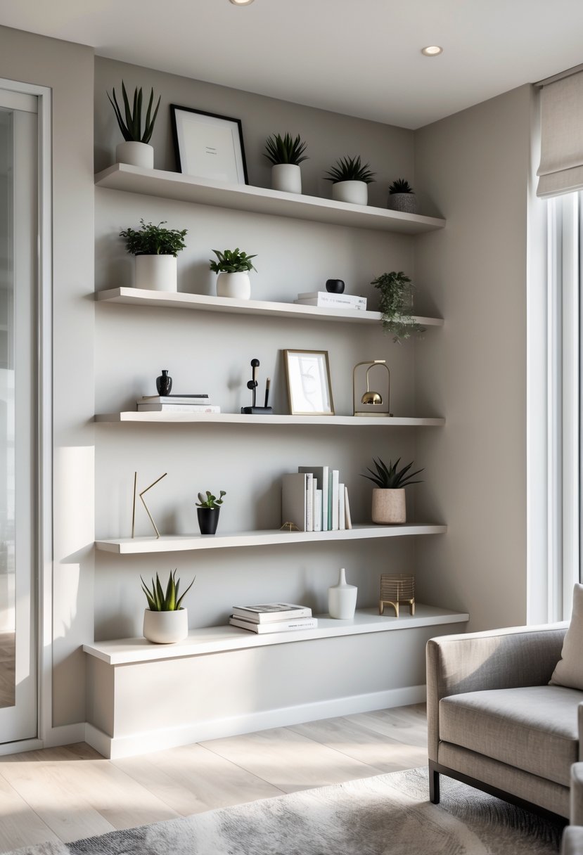 v2 154oef 6wi1b Living room alcove with floating shelves displaying plants, books, and decorative items beside a comfortable armchair.