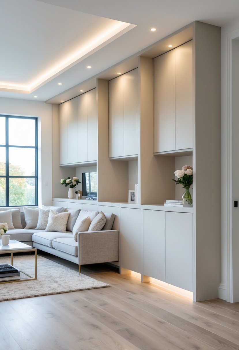 v2 154oep ven73 Living room with built-in custom cabinets concealed in an alcove, featuring a sofa, coffee table, and natural light.