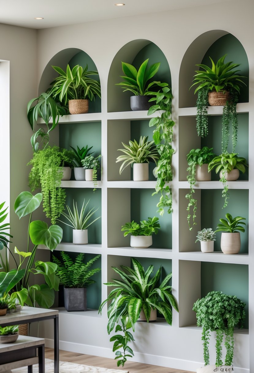 v2 154of1 nhrop Living room alcove with decorative shelves filled with various green plants.