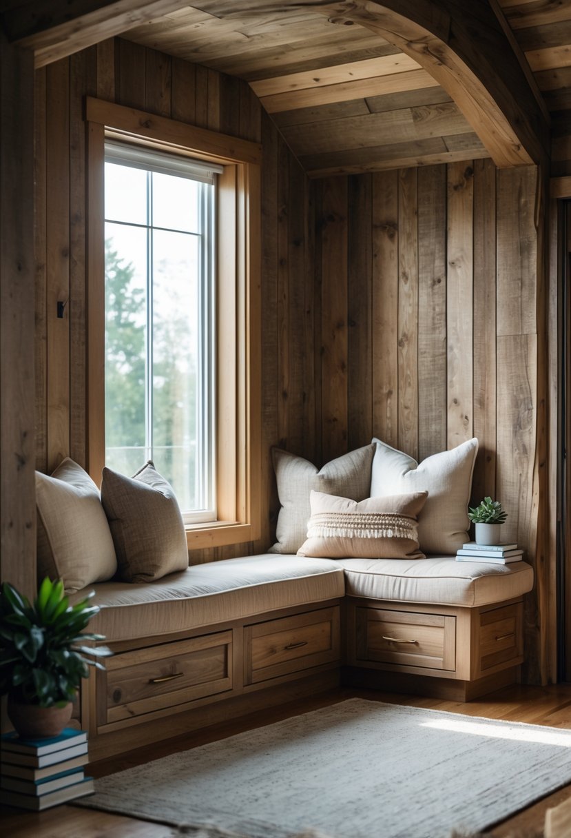 v2 154ofi 2g6lb A cozy living room alcove with wooden paneled walls, a built-in bench with cushions, a side table with books and a plant, and natural light coming through a window.