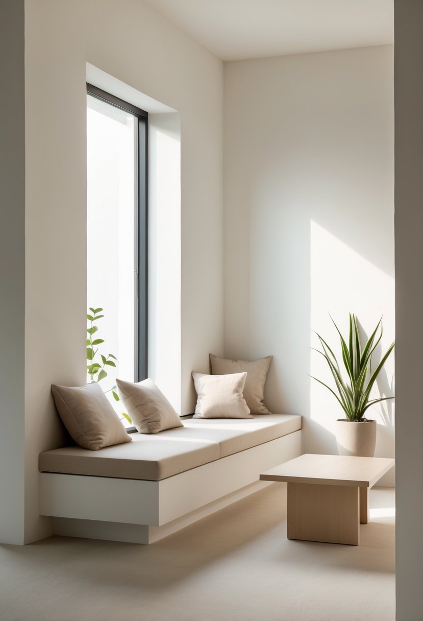 v2 154oft isrcp A living room alcove with a built-in bench, coffee table, and a tall indoor plant beside it.