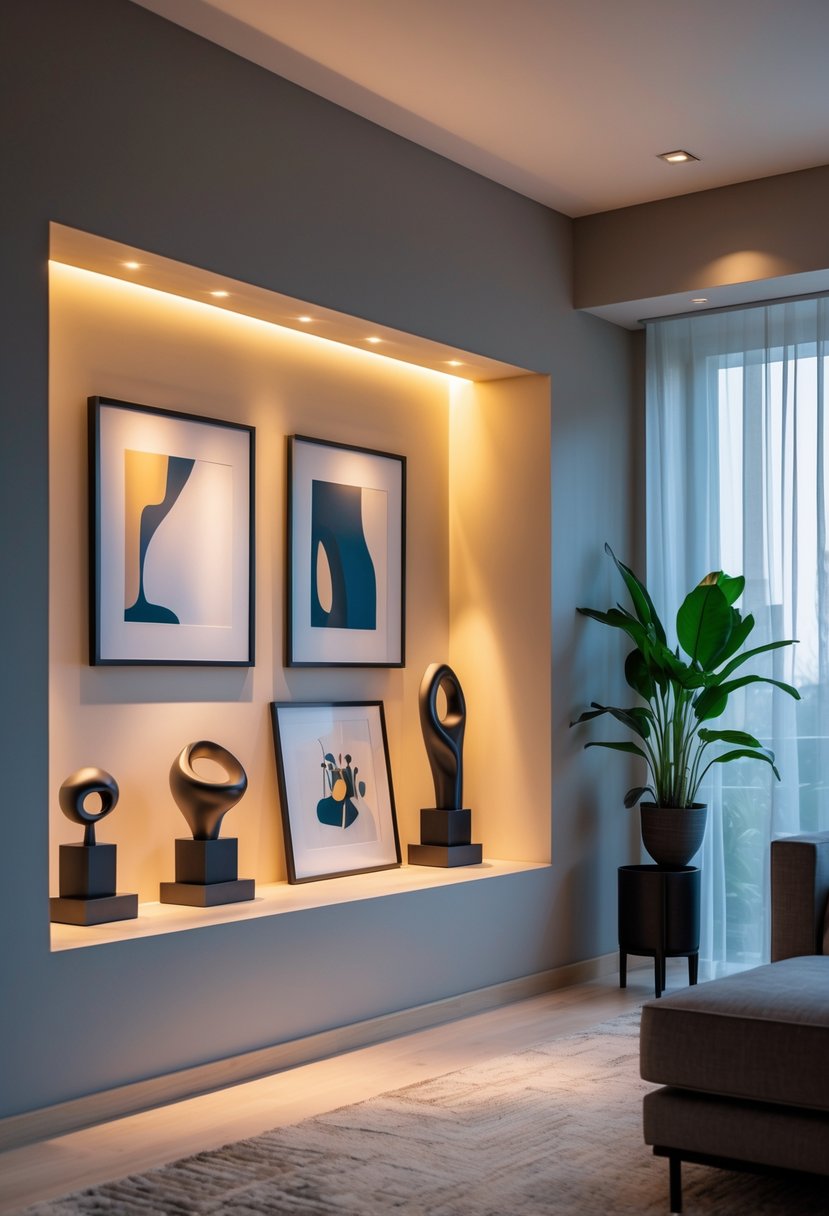 v2 154og3 sacmk Living room with a built-in alcove displaying sculptures and framed art under spotlighting.