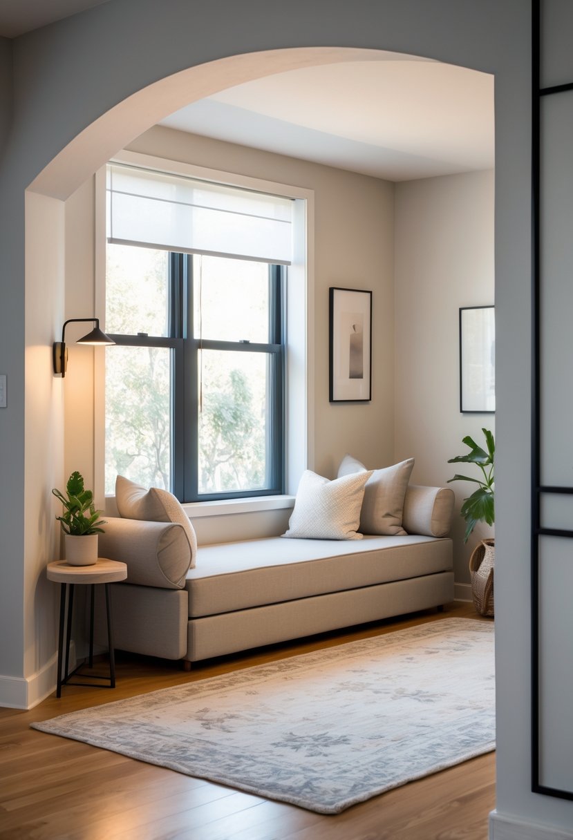 v2 154oge Living room alcove with a convertible daybed seating area, cushions, a side table with a plant, and natural light coming through a window.