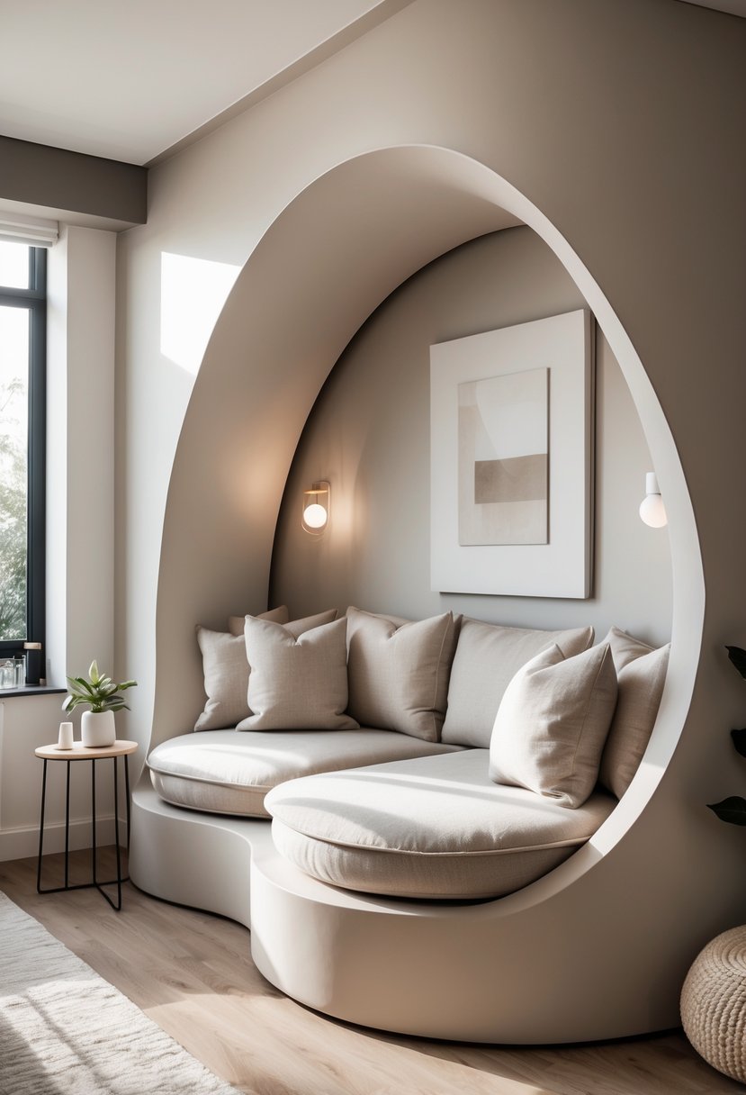 v2 154oh1 bnboq Living room with curved built-in seating alcove featuring cushions and a small side table with a plant.