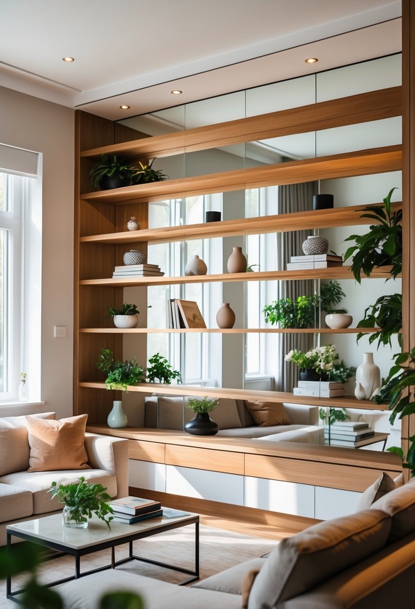 v2 154oha daolj Living room with an alcove featuring mirrored back shelves filled with decorative items and cozy furniture.