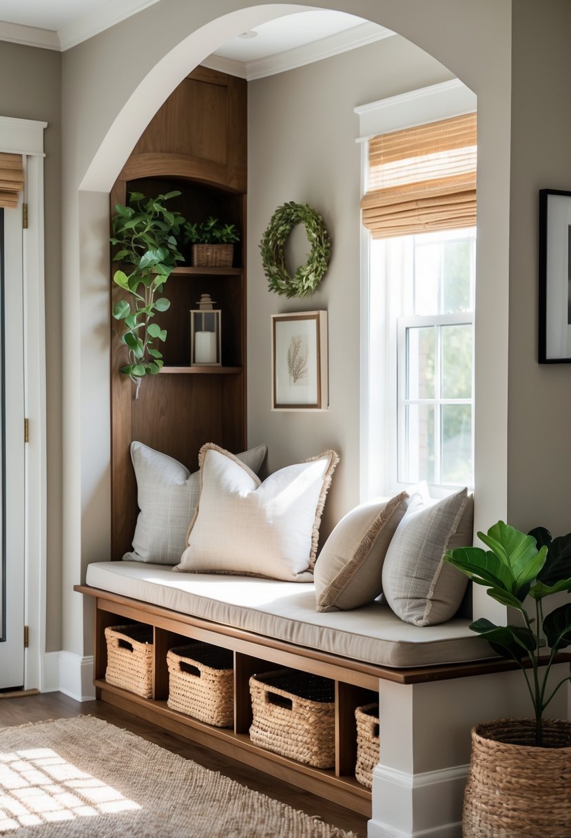 v2 154ohs bg2bm Living room alcove with a built-in bench and storage baskets underneath, surrounded by cushions and natural light.