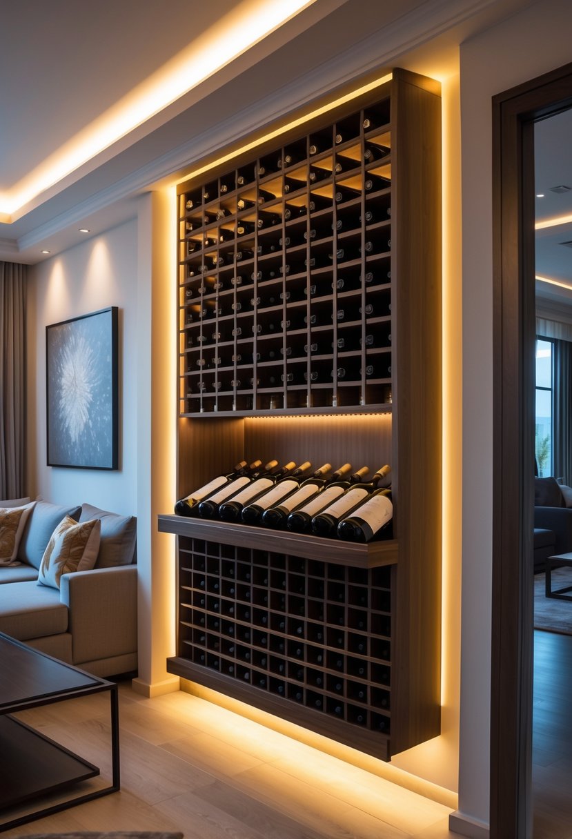 v2 154oi1 q1rfk Living room with an alcove wine rack displaying multiple wine bottles, surrounded by a sofa and coffee table.