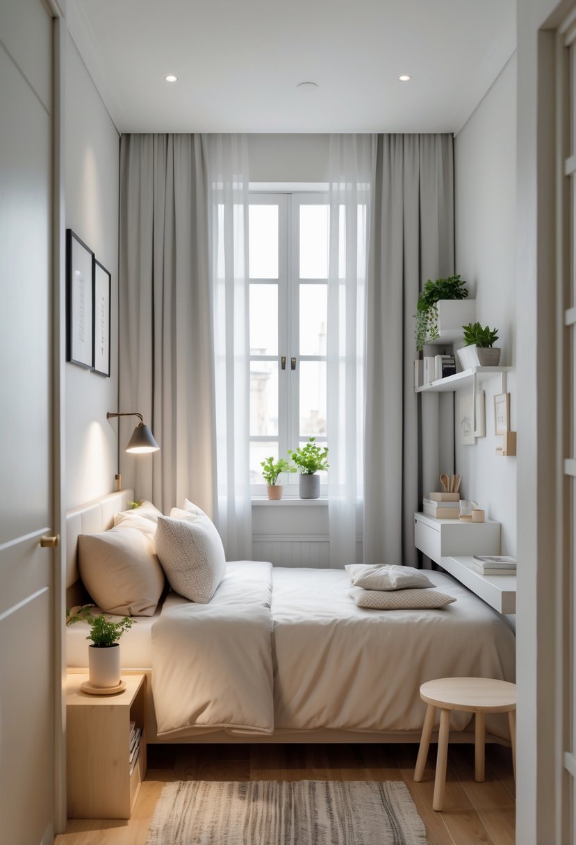 v2 15of37 0dh3q A small bedroom with a double bed, nightstand, window with curtains, and cozy decorations.