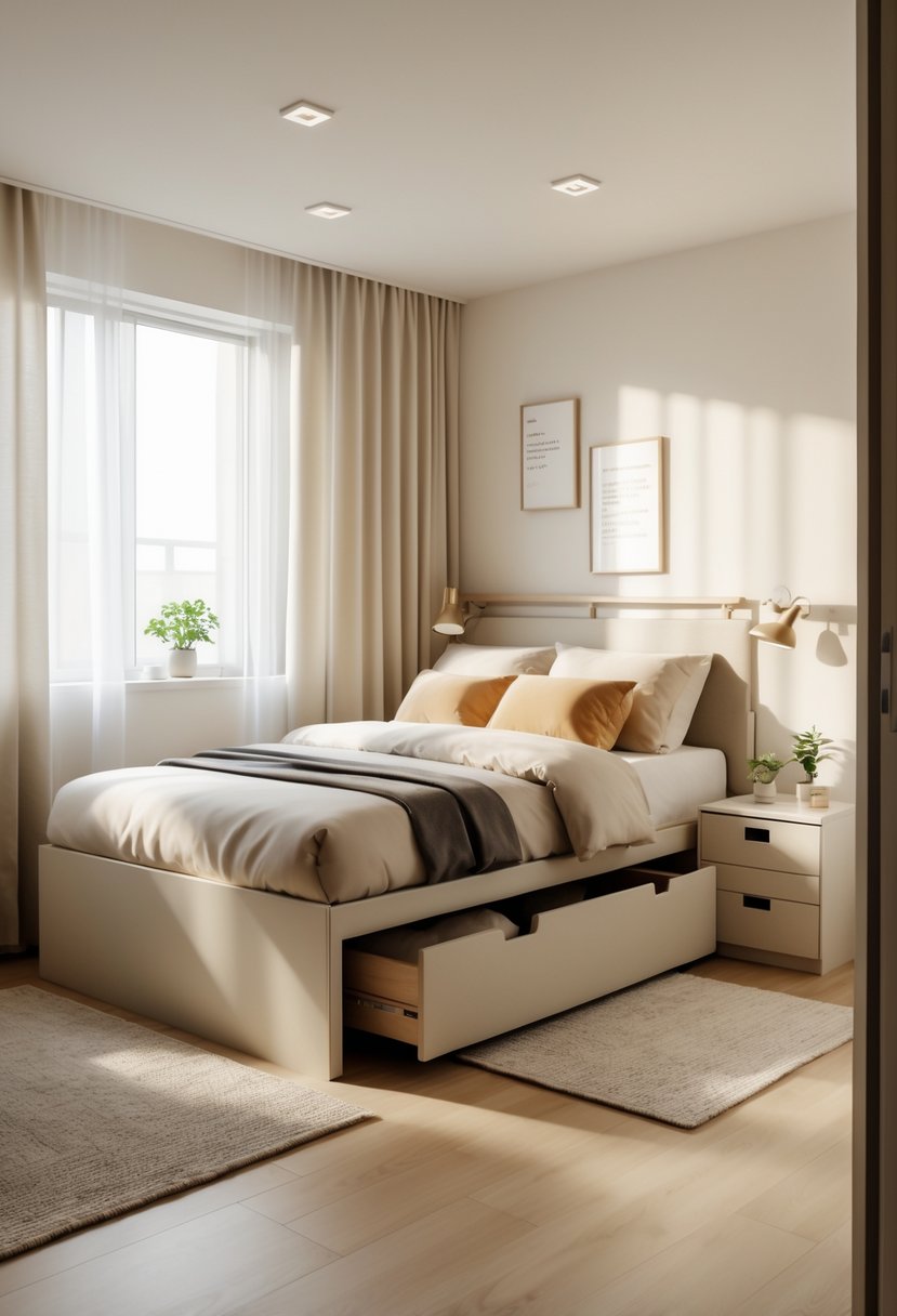v2 15of3n mb8ai A small bedroom for a couple with a storage bed featuring built-in drawers, natural light, and simple decor.