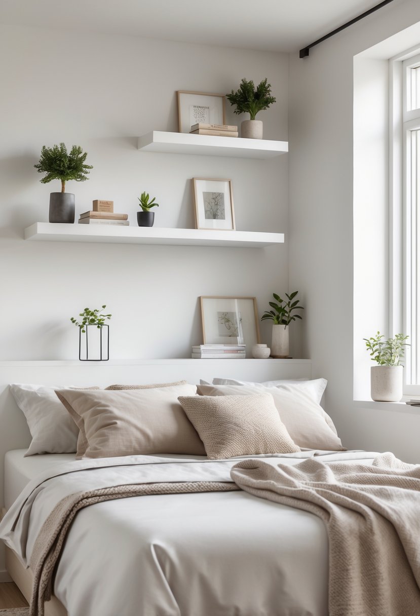 v2 15of3z A small bedroom with floating shelves above a bed, decorated with plants and books, showing efficient use of space.