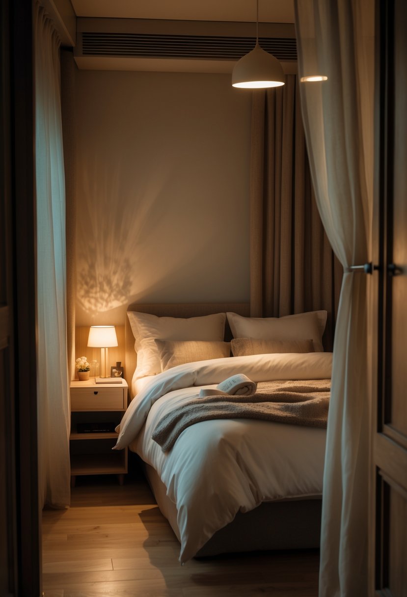 v2 15of4c 82e93 A small bedroom with a double bed, soft lighting, and cozy decor designed for couples.