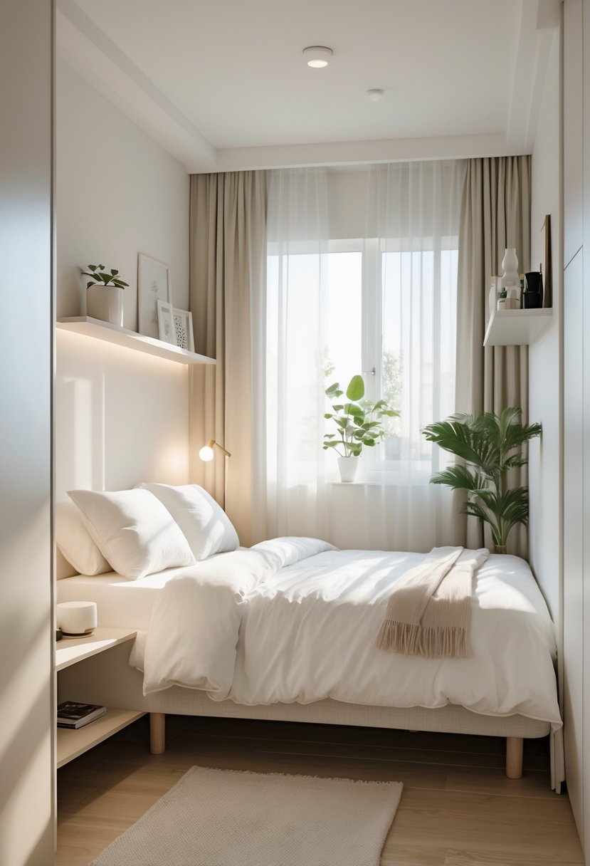 v2 15of4o A small bedroom with a queen-size bed, nightstand, window with curtains, and a small plant.