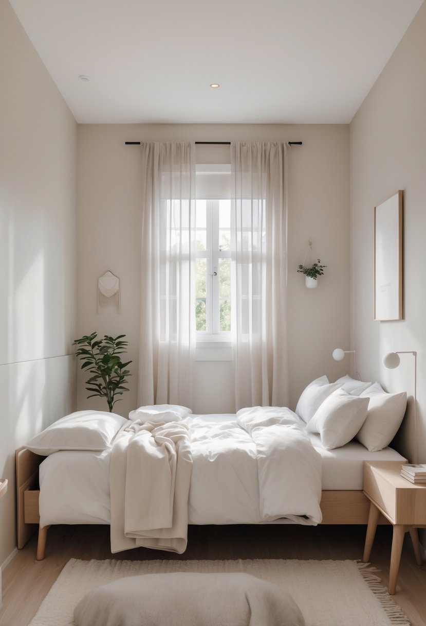 v2 15of4z 076ym A small bedroom with light neutral walls, a double bed, wooden nightstands, natural light, and simple decor.