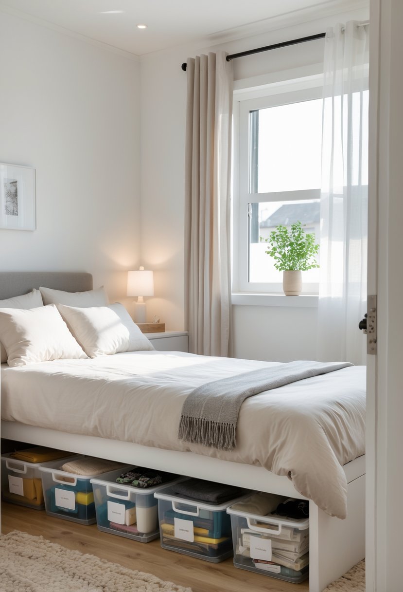 v2 15of5a 1097s A small bedroom with a neatly made bed and clear storage bins under the bed for extra organization.