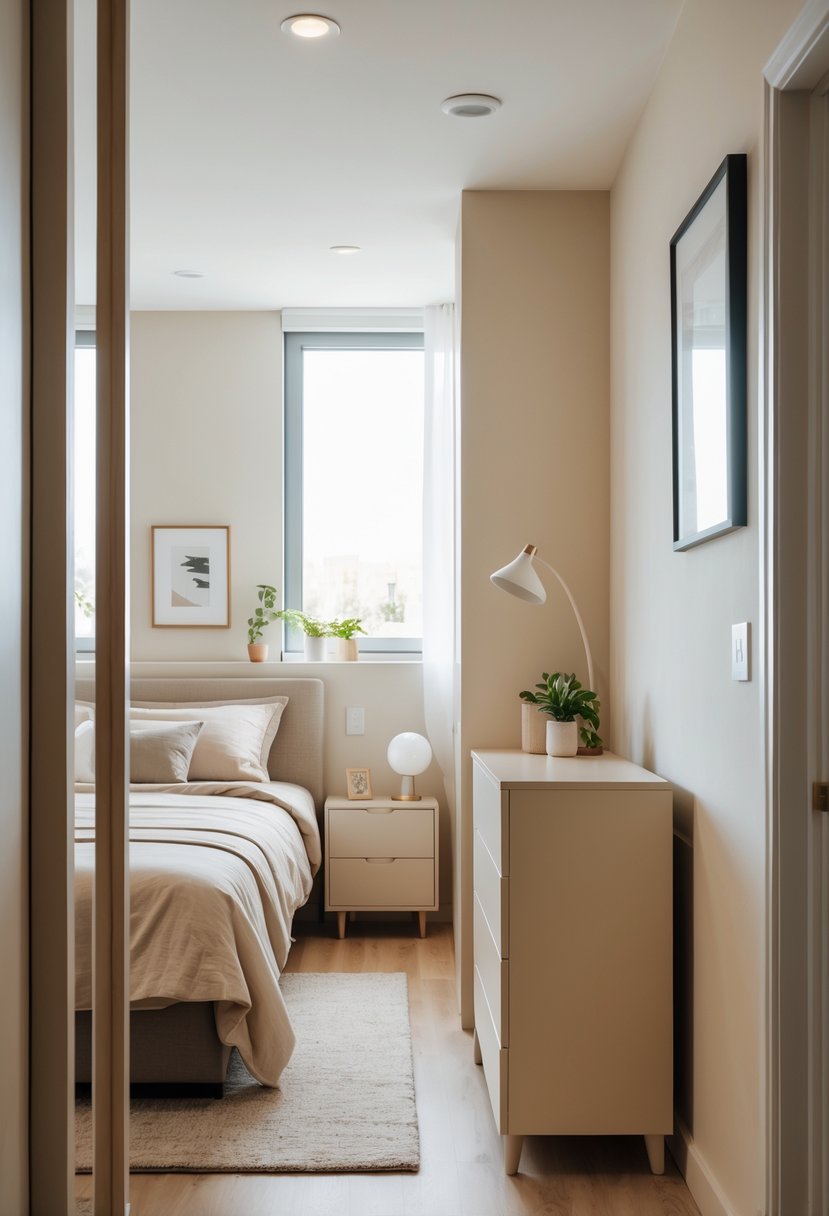 v2 15of5y ehynn A small bedroom with a slim, tall dresser next to a neatly made bed and a window letting in natural light.