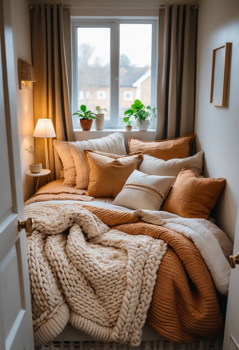 v2 15of6c bbjmo A small bedroom with a bed covered in textured blankets and pillows, softly lit by natural light from a window.