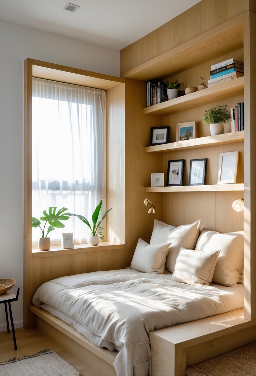 v2 15of6r h1gwq A small bedroom with a cozy nook built into the wall holding books, photos, and plants next to a neatly made bed.