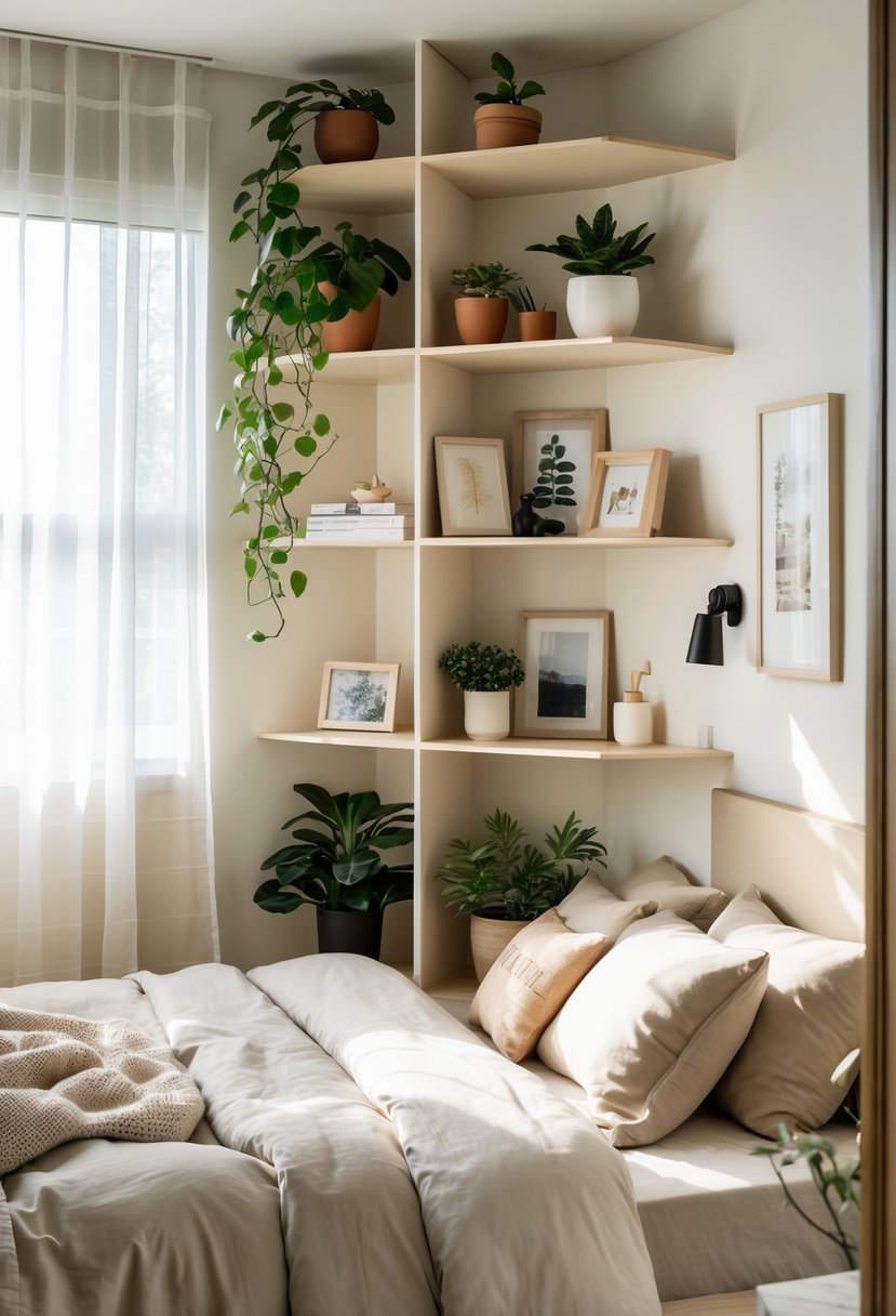 v2 15of74 h55e1 Small bedroom for couples with a bed and corner shelving holding plants, books, and decorative items.