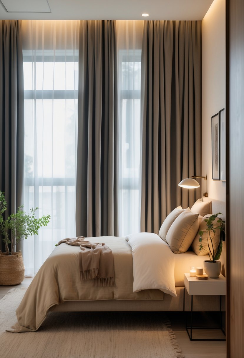 v2 15of7i 1ve1p A small bedroom with a neatly made bed, blackout curtains drawn over the window, and minimal furniture creating a cozy and restful atmosphere.