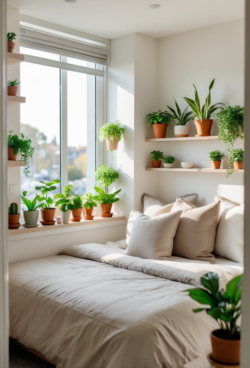 v2 15of7u lhblk A small bedroom for couples with a neatly made bed and several small potted plants placed around the room.