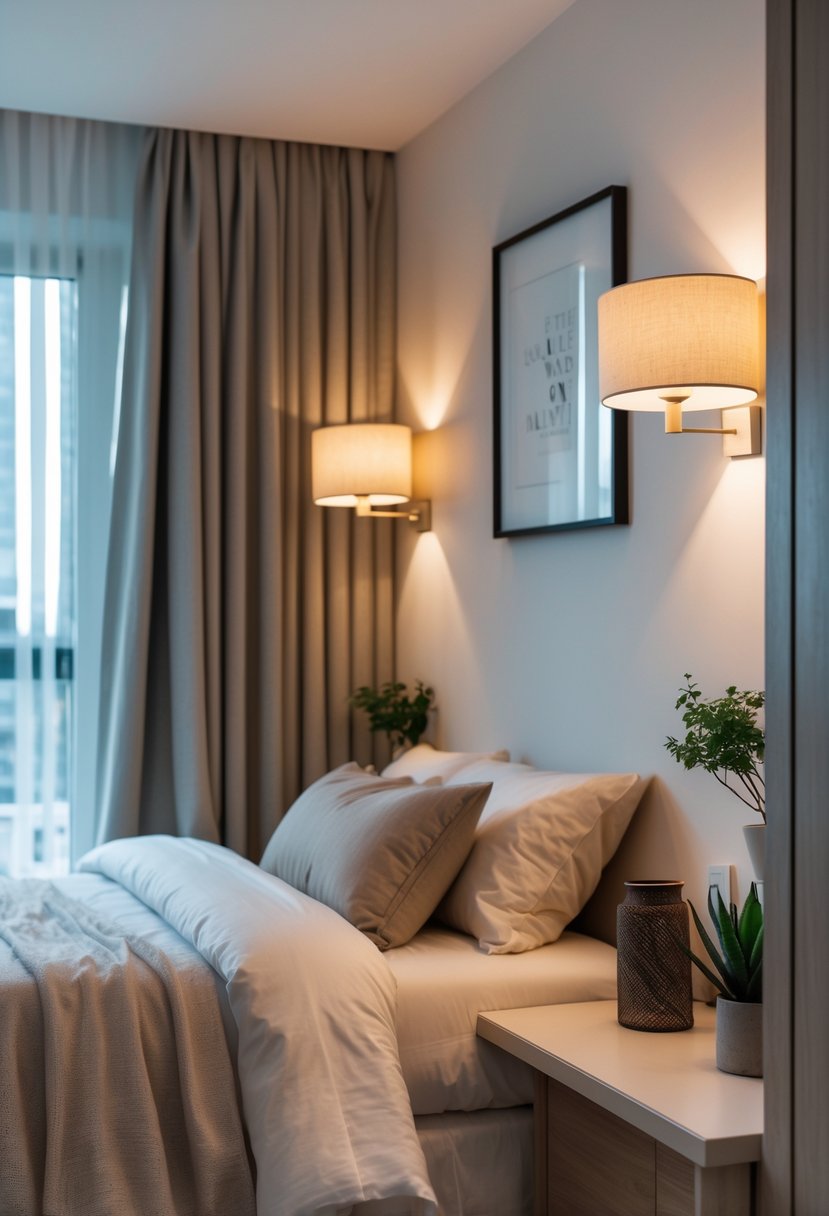 v2 15of8j 1u83b A small bedroom for couples with a bed and wall-mounted bedside lamps on each side.