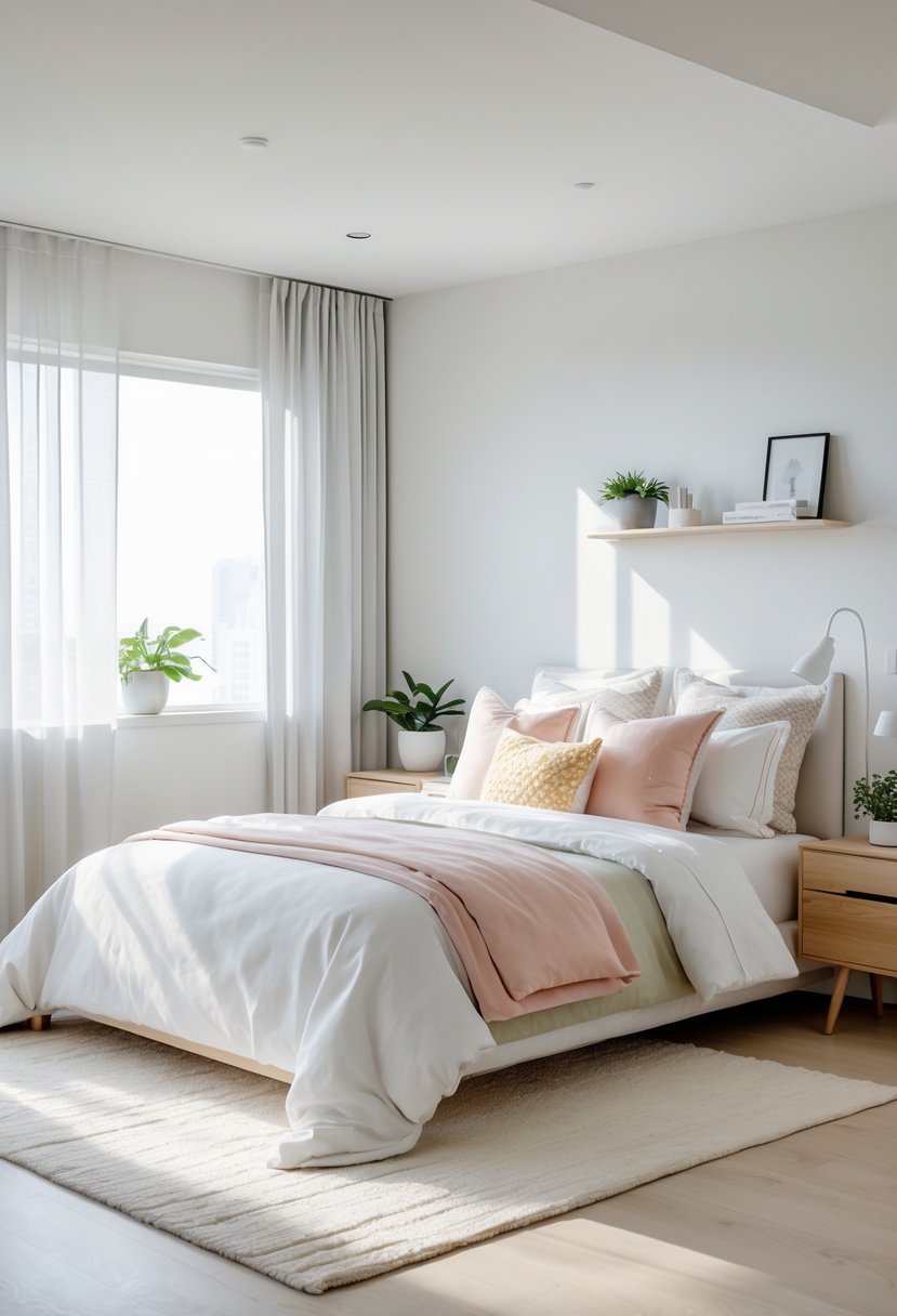 v2 15ofe7 9d22r A bright bedroom with a made bed, nightstand with a plant and lamp, large windows, and a cozy rug on the floor.