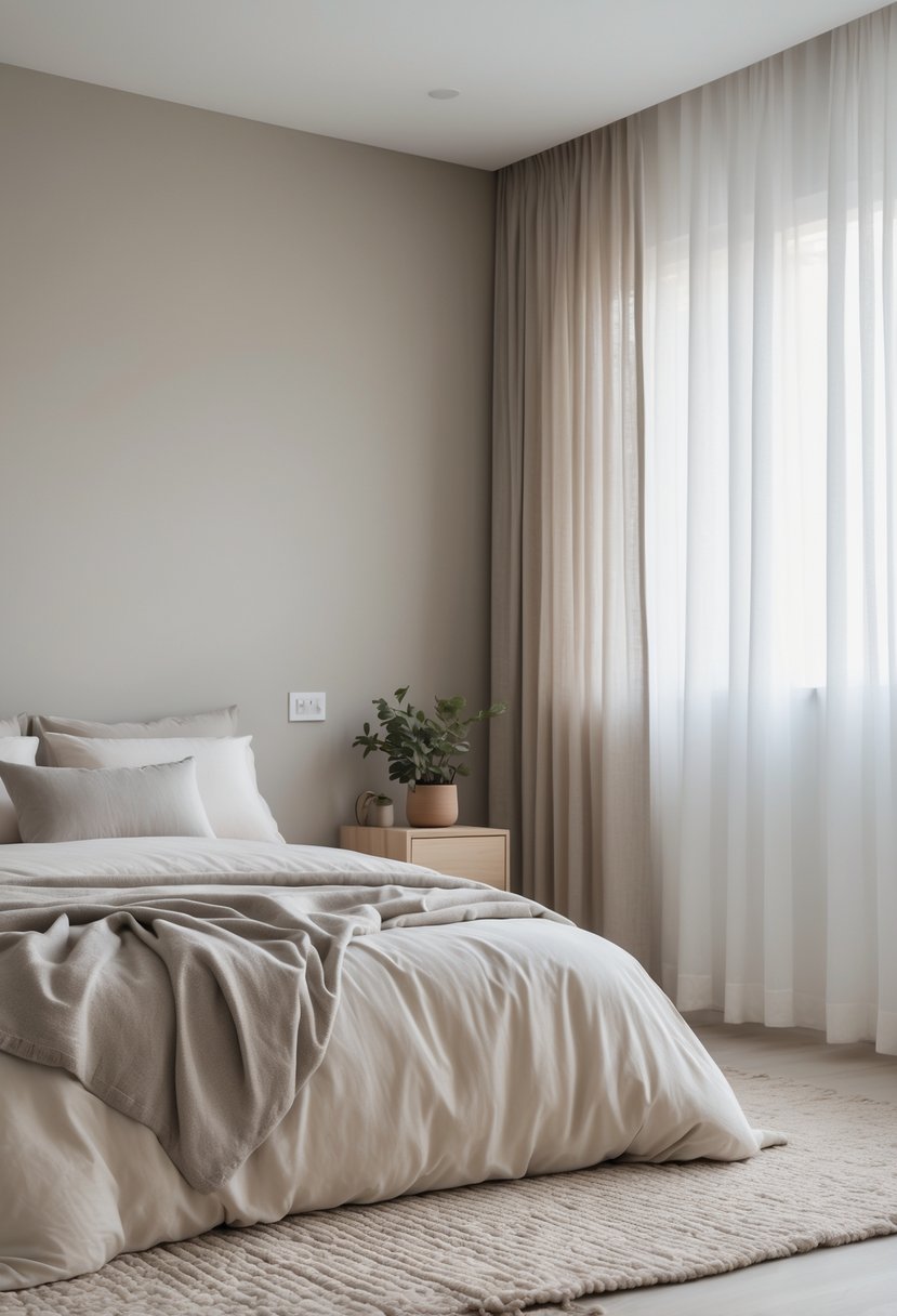 v2 15ofel ldtlg A simple bedroom with a neatly made bed, a wooden nightstand with a plant, soft natural light, and neutral-colored walls.