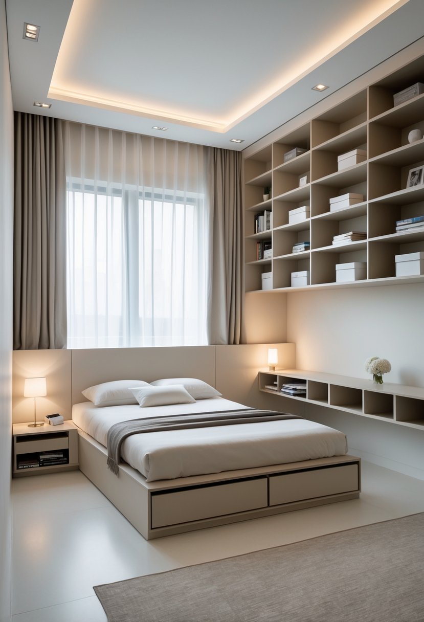 v2 15ofey jsczs A tidy bedroom with a bed featuring built-in drawers, floating nightstand, organized shelves, and natural light coming through a window.
