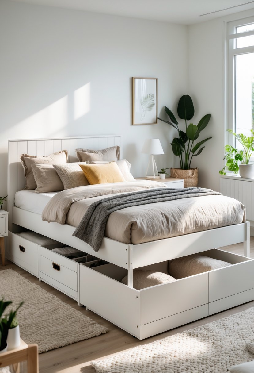 v2 15off9 me4od A bedroom with a storage bed, bedside table with lamp, plants, and natural light coming through a window.