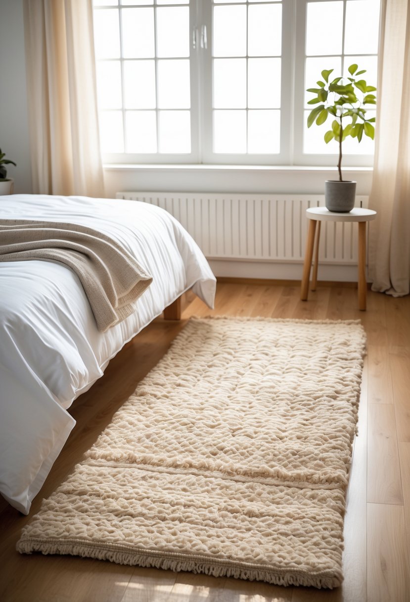 v2 15offk 8prio A bedroom with a soft textured rug beside a bed, natural light coming through windows, and simple furniture.