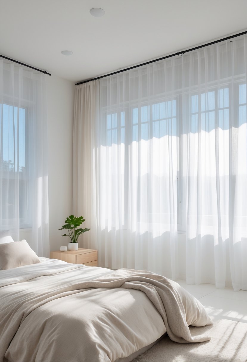 v2 15offw bv4vs A bedroom filled with natural light coming through sheer curtains on large windows, showing a bed and a nightstand with a plant.