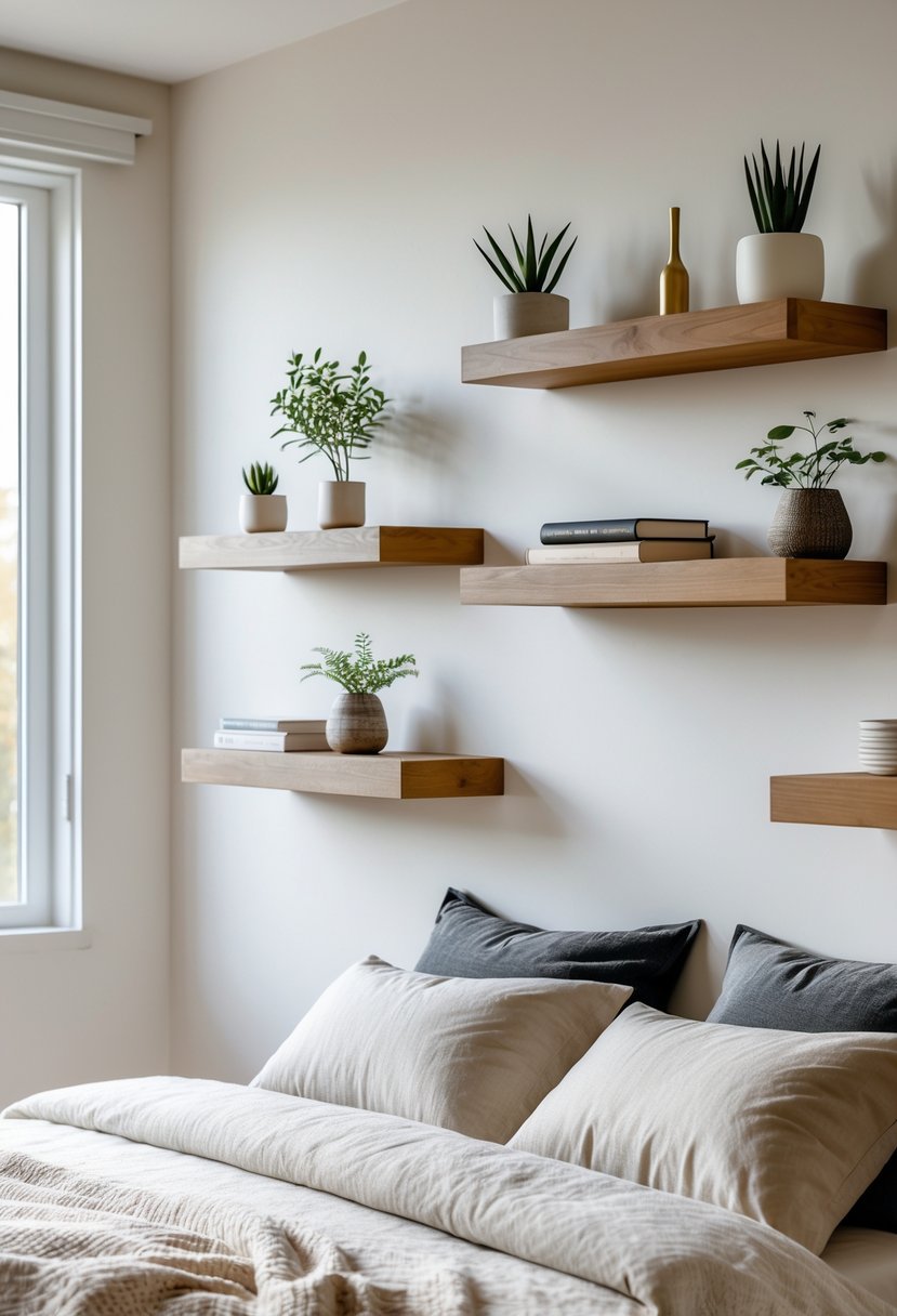 v2 15ofg9 kdngm A bedroom with floating shelves above the bed holding plants and books, with soft natural light and a neatly made bed.