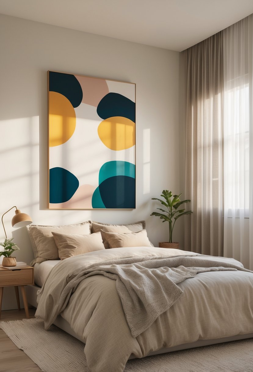 v2 15ofgl ksneb A cozy bedroom with a large piece of abstract art above the bed, neutral bedding, a wooden nightstand with a lamp and plant, and natural light coming through a window.