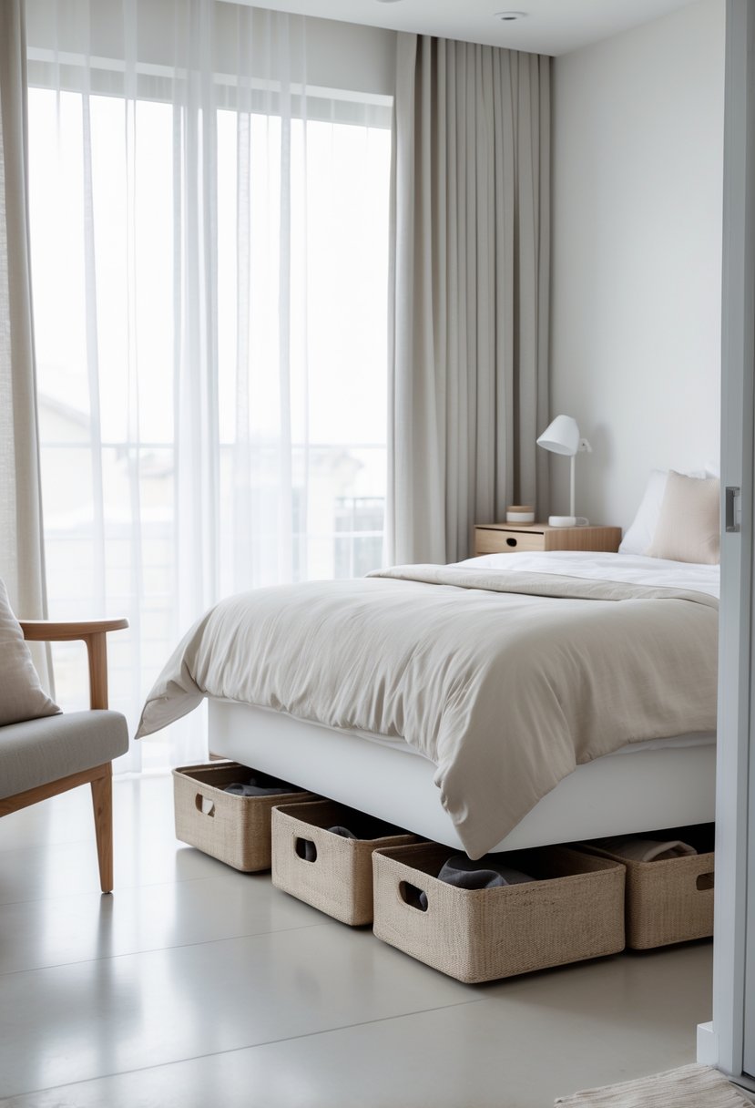 v2 15ofgy u8sis A tidy bedroom with a made bed and hidden storage baskets under the bed, bright natural light, and minimal furniture.