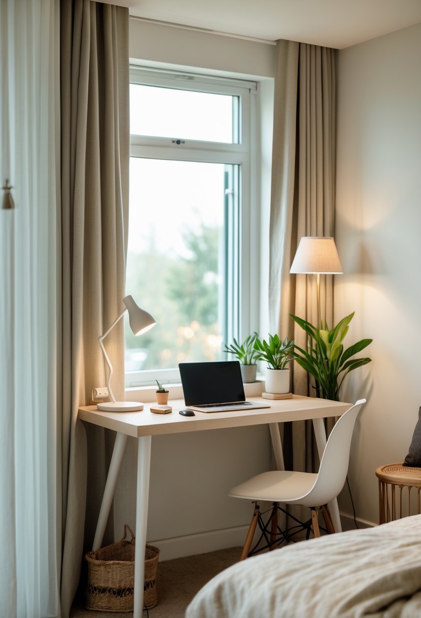 v2 15ofhb cg28m A small desk with a laptop and lamp set up in a bedroom corner next to a bed with neutral bedding.