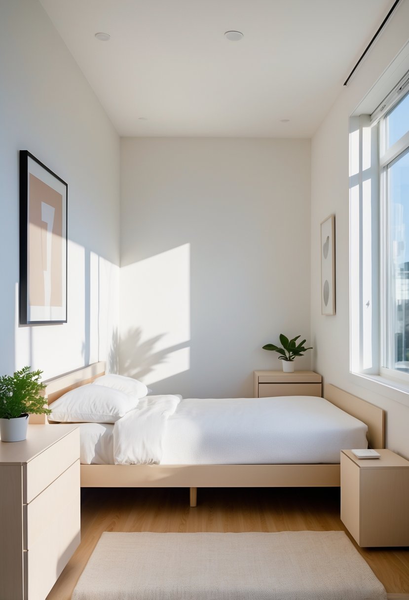 v2 15ofhn uf3ae A bright bedroom with slim furniture including a narrow bed, small bedside table, and a slim dresser near a large window.